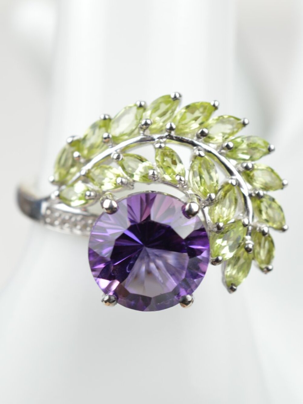 D’Joy 925 Silver Rose De France Amethyst Peridot Leaf Cocktail Ring 8.75 5.3g